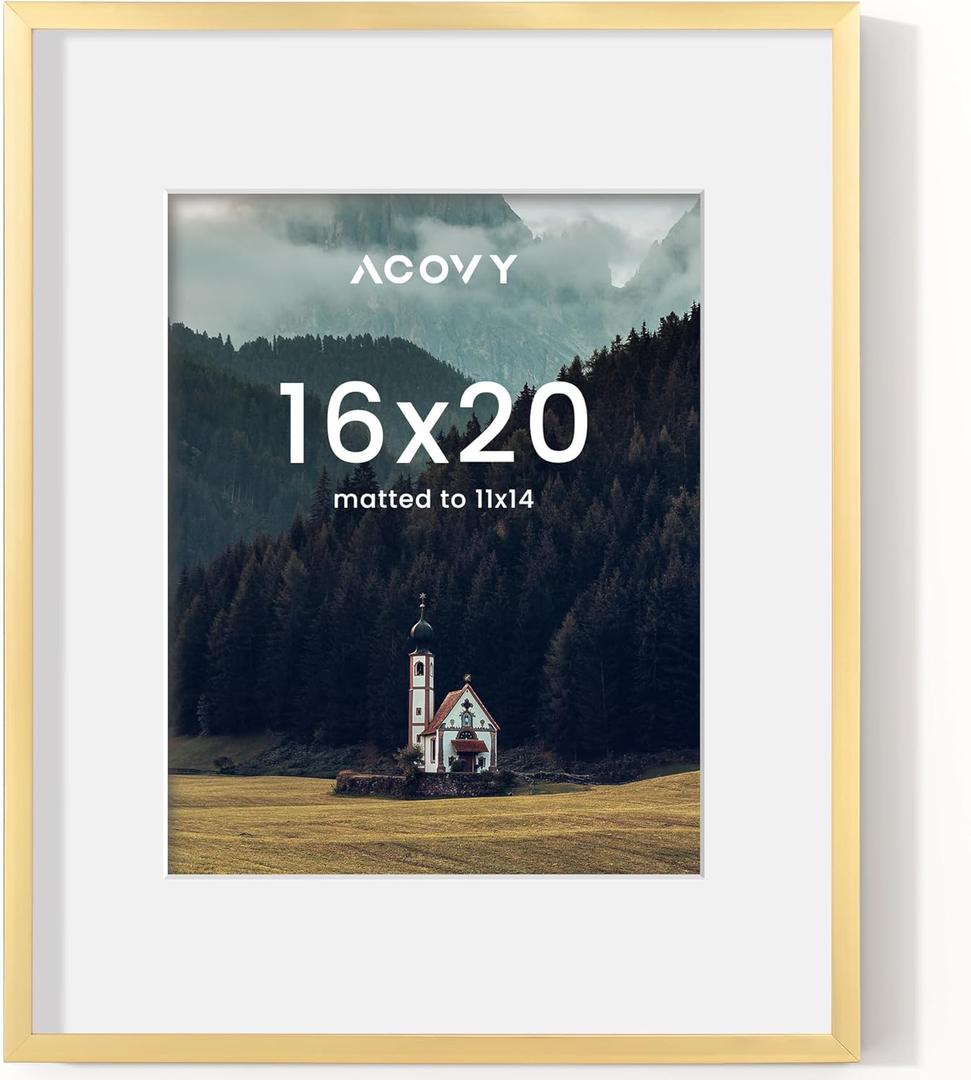 16x20 Picture Frame, 16 by 20 Poster Frame for Wall - High Definition Plexiglass, 16x20 Frame Matted to 11x14 (Gold, 1 Pack)