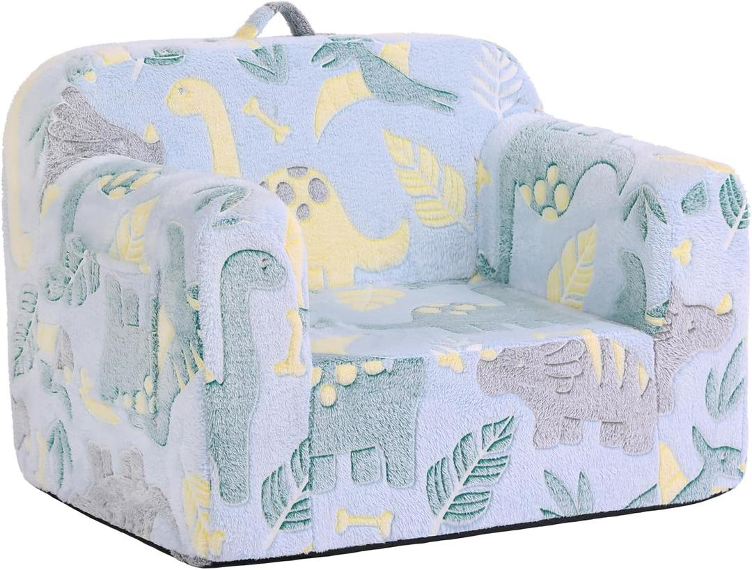 Toddler Chair Plush Kids Couch, Comfy Glow in The Dark Armchair with Removable and Washable Cover Carrying Handle Kids Sofa, Convertible Reading Chair Toddler Couch for Girls and Boys (Green Dinosaur)