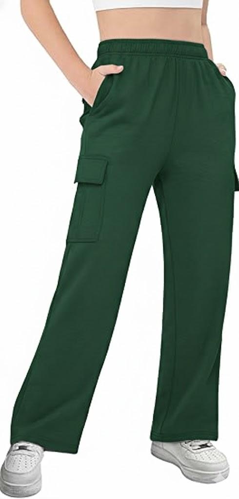 Girls Kids Cargo Sweatpants Wide Straight Leg Jogger Pants 5-14 Years, Green