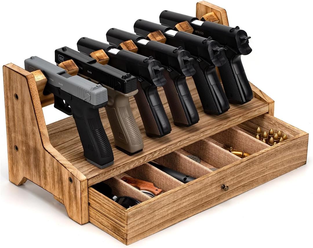 Pistol Rack Gun Safe, Real Wood Handgun Rack Holder for Gun Cabinet Accessories, Rustic Style Gun Rack Organizer for Nightstand, Gifts for Men (Carbonized Brown (6 Slot))