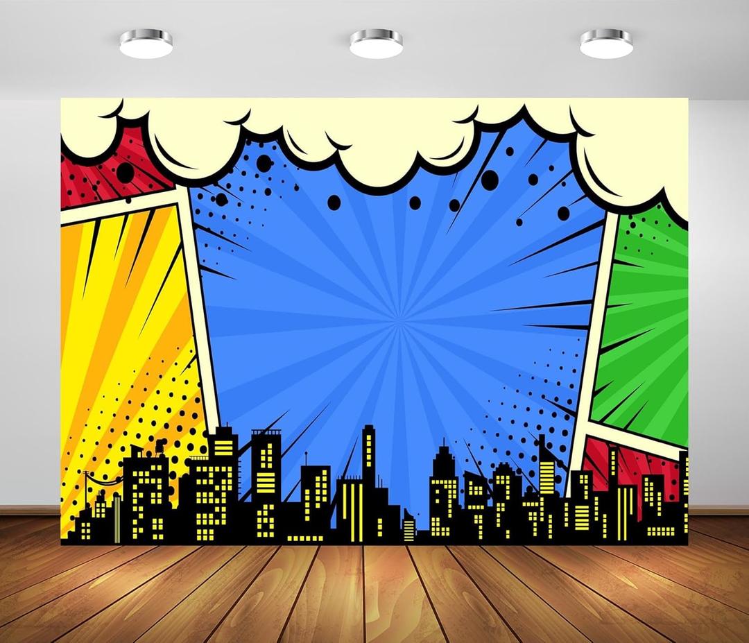 BELECO 7x5ft Fabric Super City Backdrop for Superhero Photoshoot Comic Urban Skyline City Boom Super City Background for Superhero Party Decorations Baby Shower Birthday Photoshoot Studio Props (N5-a50274)