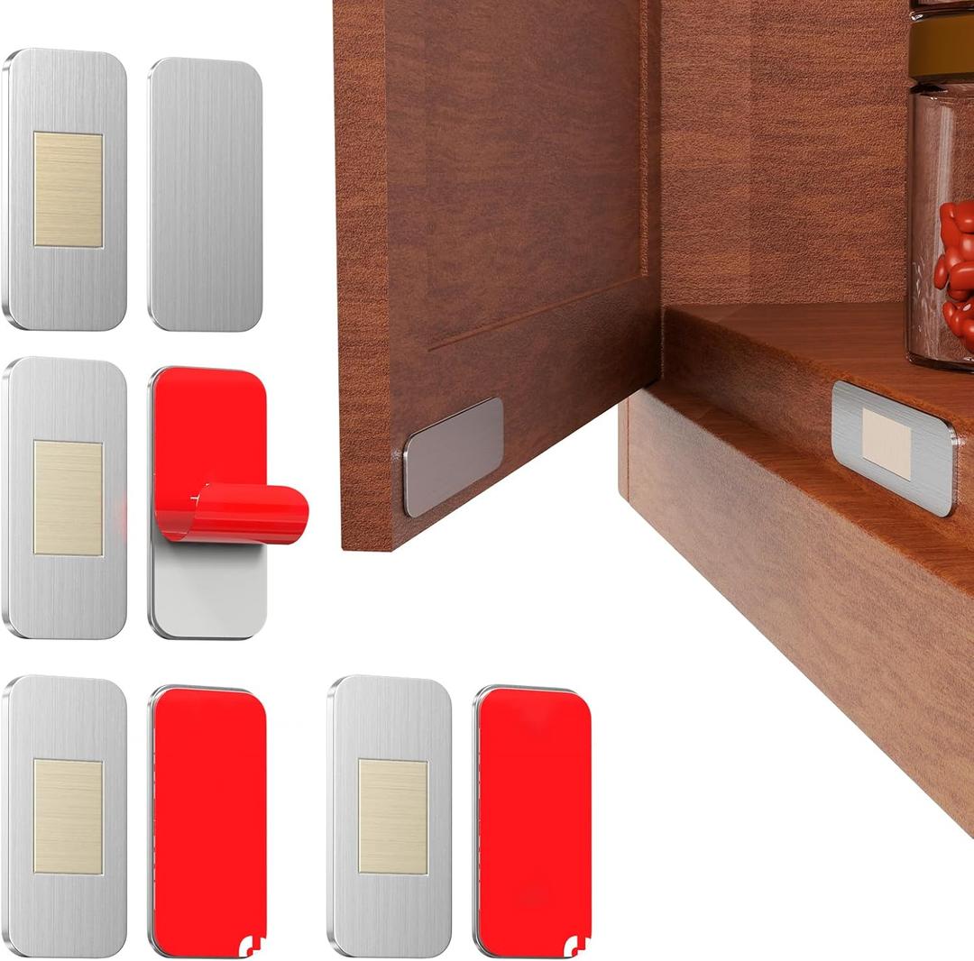 PHIXBEAR No Drill Magnetic Cabinet Door Catch with Adhesive – Stainless Steel, Strong Hold Child Safety Lock for Kitchen Cabinets, Bathroom, RV – No Screws Needed 1.57” x 0.79” 4 Pack