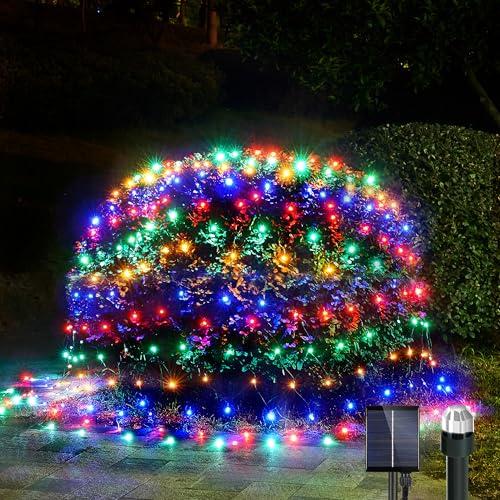 WBao Solar Christmas Lights Outdoor 200LED F8 Big Bulbs, 8.4ft x 5.2ft Christmas Net Lights with Remote Control, 8 Modes, Timer, Waterproof for Lawn, Bushes, Trees Outdoor Xmas Decorations, Multicolor