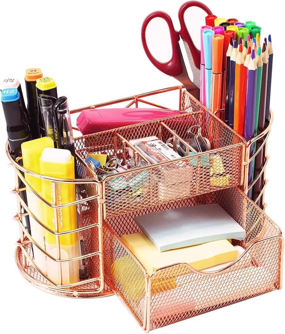 Desk Organizer, Pen Holder for Desk, Metal Pencil Caddy Storage for Desktop Office Supplies (Rose Gold)