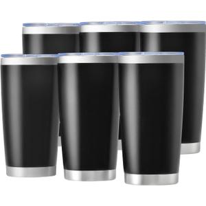OMTech 20oz Tumblers Bulk, 6pc Stainless Steel Tumbler Set with Lid & Straw, Double Wall Vacuum Insulated Mug for Laser Engraver, Travel Coffee Mug for Hot & Cold Drinks, Black Powder Coated Cup