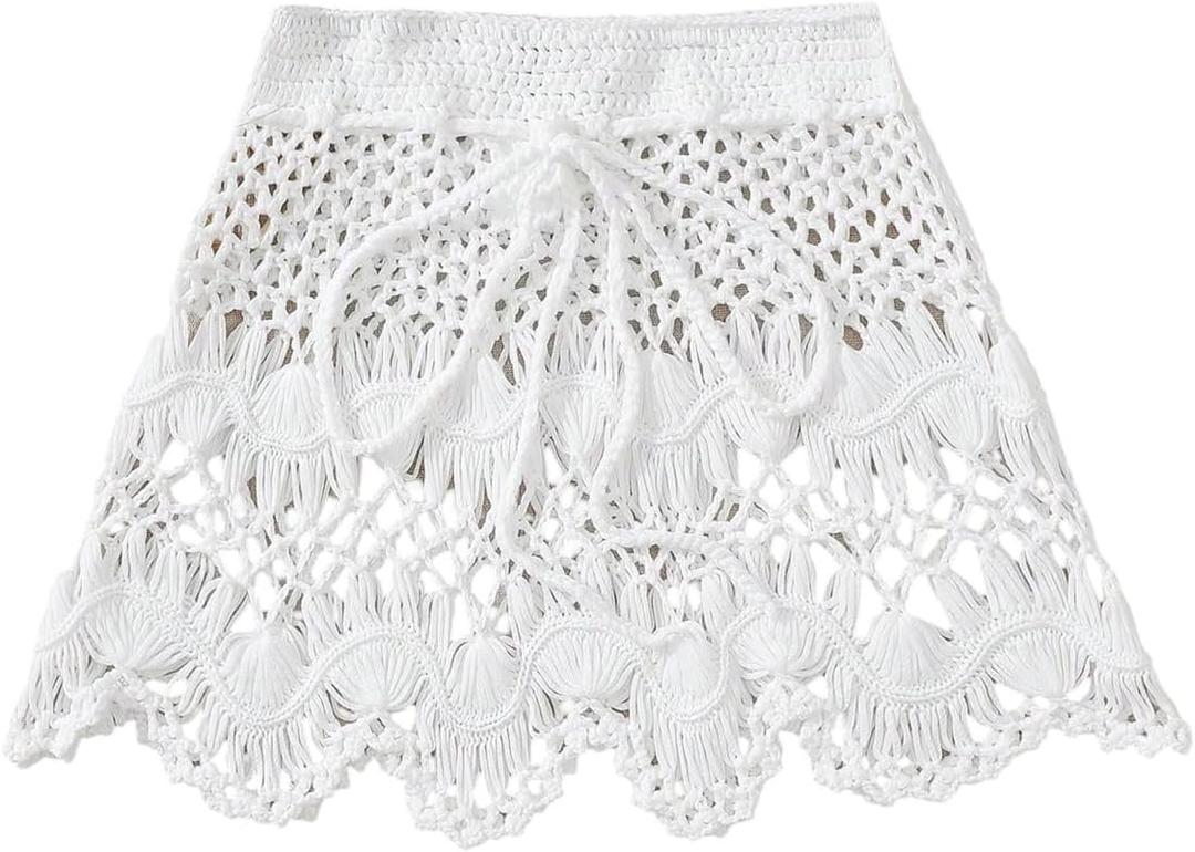 SHENHE Girl's Swimsuit Coverup Crochet Skirt Cover Up for Swimwear Hollow Out Beach Skirt (White), 11Y