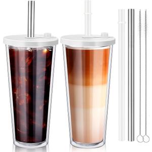 Honeydak 2 Pack Reusable Iced Coffee Cups with Lids and Straws Leakproof Double Wall Insulated Clear Plastic Iced Coffee Tumblers with Straw Brushes (24oz,White)