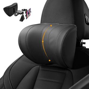 Multi-Functional Car Headrest Pillow, Comfortable Ergonomic Design 100% Memory Foam,Breathable Leather Cover, Adjustable Height and Distance-with Phone Stand and Hook (Black)