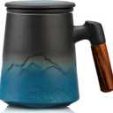 suyika Tea Cup with Infuser and Lid, 15.2 Ounce Wood Handle Ceramic Loose Leaf Mug Gradient Black&Blue 450ml