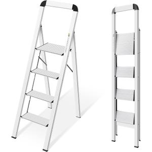 KINGRACK Aluminium 4 Step Ladder, Lightweight Step Stool with Non-Slip Pedals, Handrail, Foldable Step Ladder for Kitchen, Garage, Home, Space Saving, Sturdy and Portable, Silver