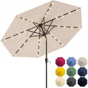 10FT Solar Patio Umbrella with Lights, Outdoor Table Market Umbrella with 32 LED Lights, 8 Sturdy Ribs, Push Button Tilt and Crank for Pool, Deck and Garden, UV-Resistant