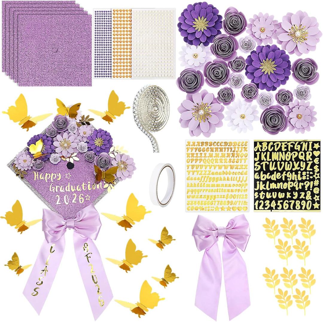 Wavwavw 61 Pcs DIY Graduation Cap Decorations Kit, 2026 Grad Cap Decor Included Bow Paper Flowers 3D Butterfly Pearl Letters Stickers Glitter Construction Paper for DIY Grad Hat Topper(Purple)