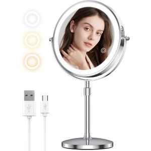 MILPROX 8 Inch Makeup Mirror with 10X Magnification & 3 Color Lights, Adjustable Brightness & Height, Rechargeable Double Sided 1X 10X Magnifying Mirror, Lighted Makeup Mirror Touch Sensor - Silver