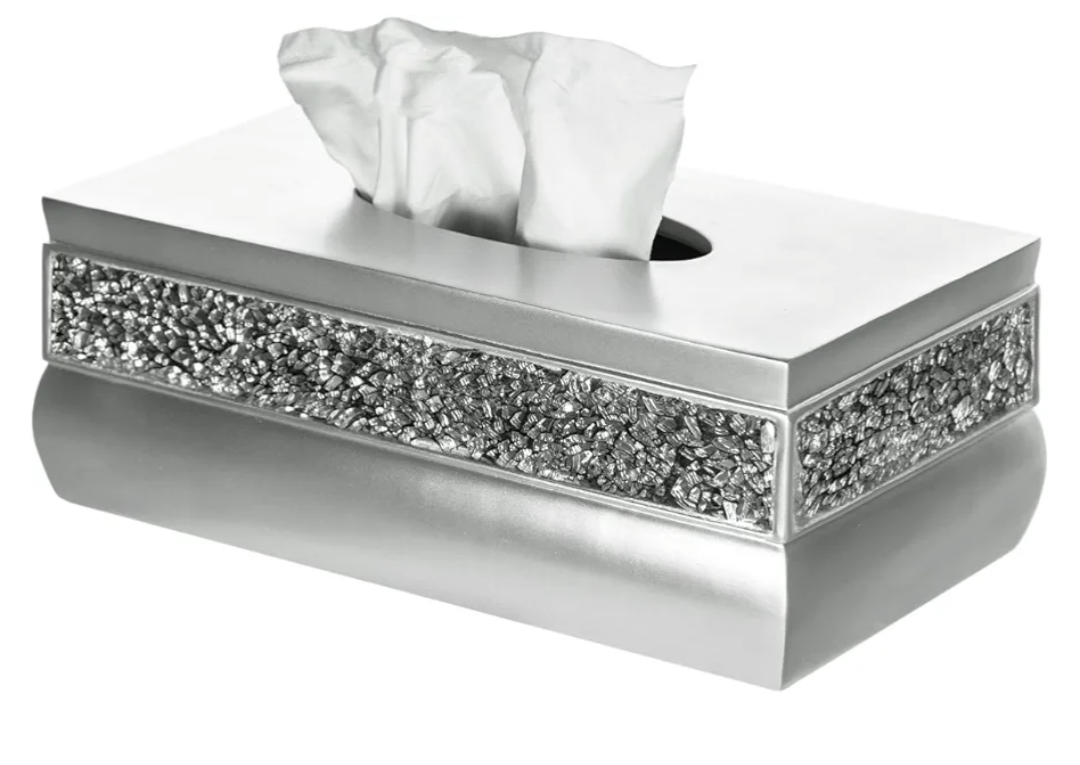 Crackled Glass Silver Tissue Box Cover Rectangular  Decorative Bling Tissue Box Holder with Beautiful Mosaic Glass  Elegant Tissue Holder for Bathroom with Durable Bottom Slider (Silver Collection)