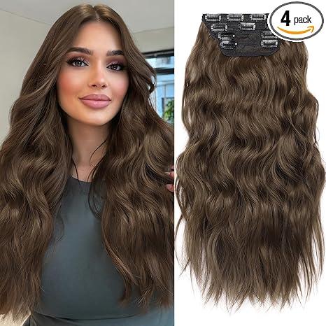 KooKaStyle Hair Extensions Ashy Taupe Blonde Clip in Synthetic Highlight Long Wavy 4PCS Thick Hairpieces for Daily Use 20 Inch for Women