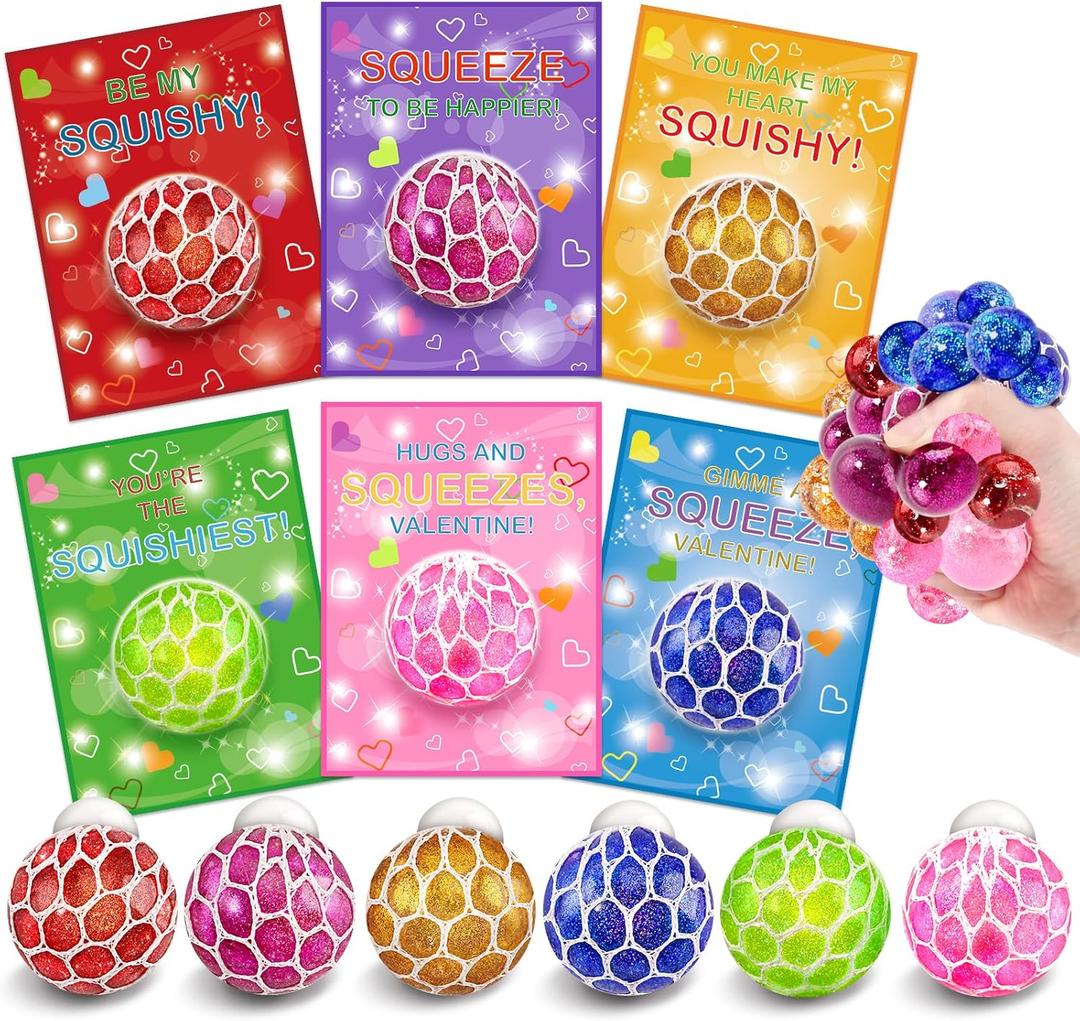 Valentines Day Cards for Kids School, 24 Pack Valentines Cards for Kids Classroom with Stretch Squeeze Balls Toys, Valentines Day Gifts for Kids Exchange, Ideal Valentines' Party Favors