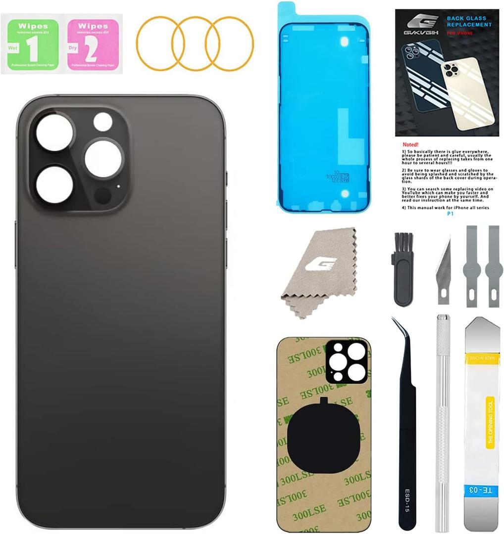 Back Glass Replacement for iPhone 14 Pro with Repir Tools, Big Hole Rear Back Cover Glass Replacement All Carriers with Pre-Installed Adhesive and Repairing Tool Kits (Space Black)