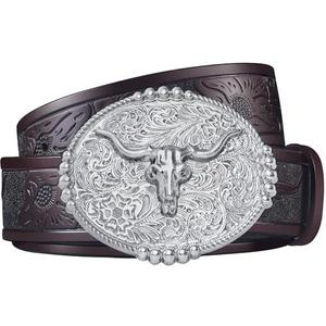 FIORETTO Western Cowboy Belts for Men Women Cowgirl Leather Belt Big Buckle Bull Belt for Jeans  Fit Waist Size 35"-38"