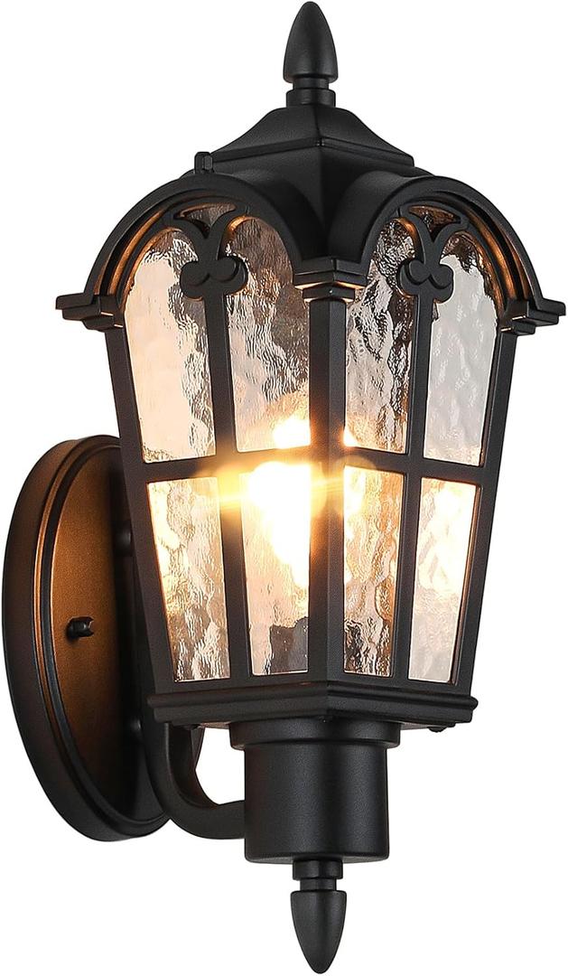 Outdoor Wall Light Fixtures Wall Mounted, Exterior Waterproof Porch Lights Lanterns, Outside Sconces with Water Ripple Glass for House Front Door Garage, Retro Vintage Style, 1 Pack (Black)