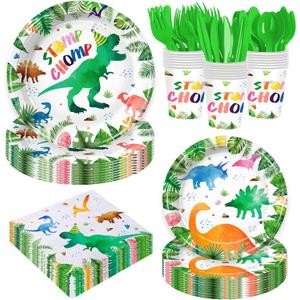 168PCS Watercolor Dinosaur Birthday Party Supplies Dinosaur Theme Birthday Party Decoration Includes Paper Plates Cups Napkins Knives Forks Spoons Tableware for Boys Girls Serves 24 Guests