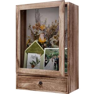 Shadow Box Frame 11" x 16" , 4" Deep Shadow Box Display Case with Drawer, Rustic Wood Memory Box for Pictures, Flowers, Memorial, Medals, Wedding Bouquet for Wall or Tabletop, Keepsakes, Medals