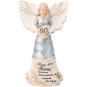 Pavilion 'Happy 80th Birthday' 82475 Elements Angels - Polyresin Birthday Angel Figurine - Silver Hand-Painted Remembrance and Keepsake Gift Angel for Grandmothers, Mothers, Aunts, Friends, Women