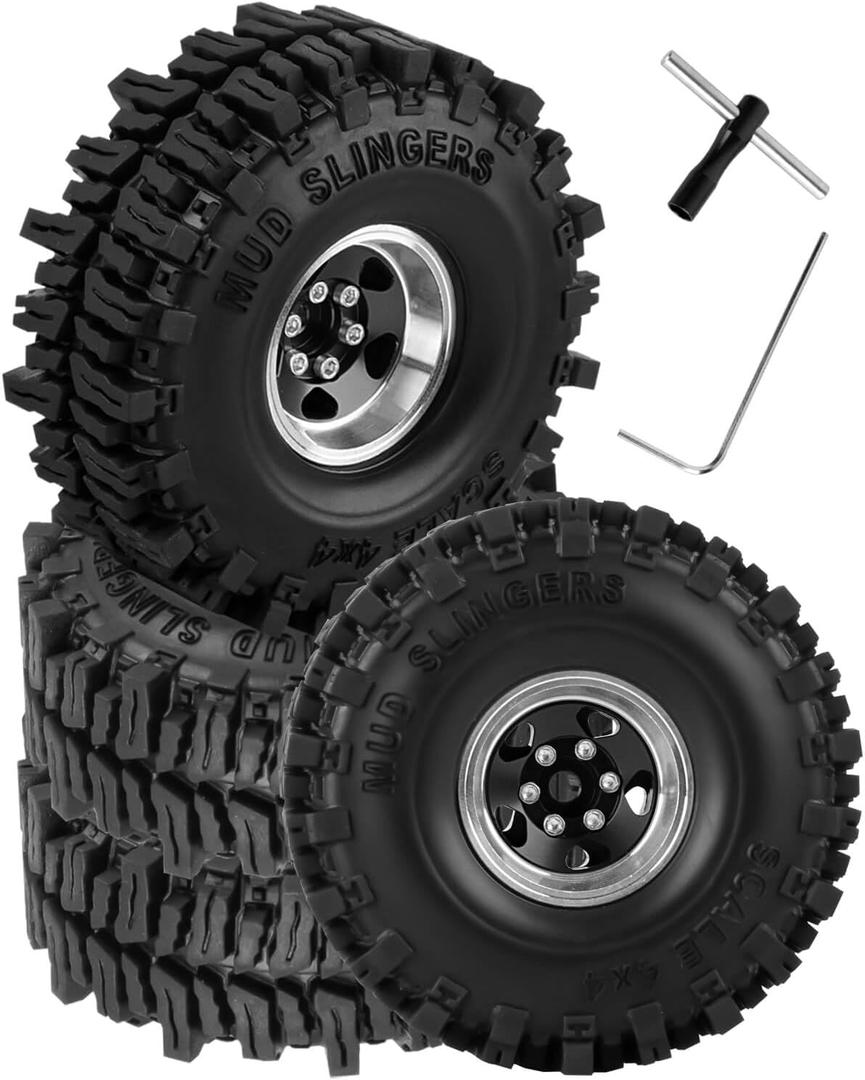 1.0 Beadlock Wheels and Tires for RC Crawler Car 1/18 TRX4M,1/24 SCX24,RC Off Road Buggy Rally Truck Wheels and Tires,RC Aluminium 1.0 in Rims and Rubber Tires w/Sponge, Black