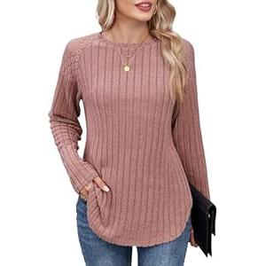ZAFUL Long Sleeve Shirts for Women Fall Lace Lightweight Top Sweaters Business Dressy Casual Winter Tunic Blouse Side Split Trendy Outfit Pink XL