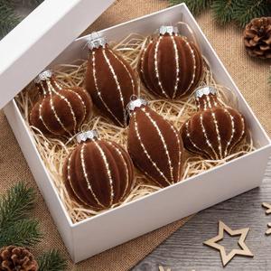 Jenaai 6 Pcs Velvet Glitter Christmas Tree Ornaments Set 3.15 Inch 3 Style Flocked Christmas Balls Ornaments Xmas Balls Decoration for Xmas Tree Decorative Party Wedding(Dark Brown)