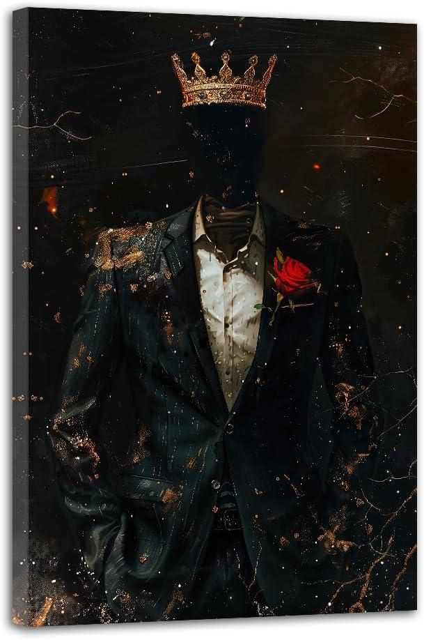 African American Wall Art Black Man with Gold Crown Picture Paintings Afro King Canvas Prints Abstract Man Poster for Living Room Office Bedroom Decor Framed(Man-3,16.00" x 24.00")