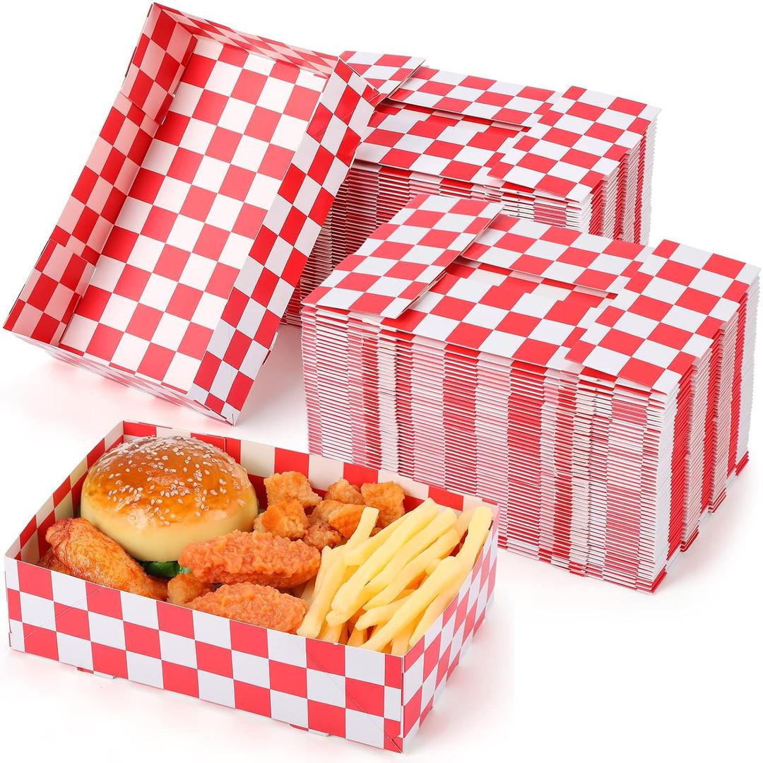 Norme 100 Pcs Disposable Red Checkered Cardboard Food Tray 8.6" x 5.5" x 2.3" Paper Snack Serving Container 4 Corner Pop up Hot Dog Box Holder Boat for Hamburger Movie Night Party Supplies
