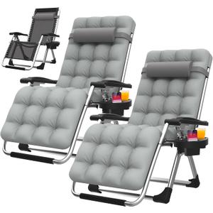 Suteck Zero Gravity Chair Set of 2, Reclining Camping Lounge Chair w/Removable Cushion, Upgraded Lock and Cup Holder, Reclining Patio Chairs Folding Recliner for Indoor and Outdoor (2pcs Dove Gray)