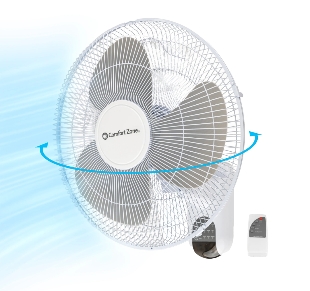 Comfort Zone 16-Inch Fan with Remote Control Quiet 3-Speed Oscillating Indoor Fan with 90 Wide-Angle Airflow, Timer & Sleep Modes Space-Saving Wall Fan for Bedroom, Home Gym & Office, White