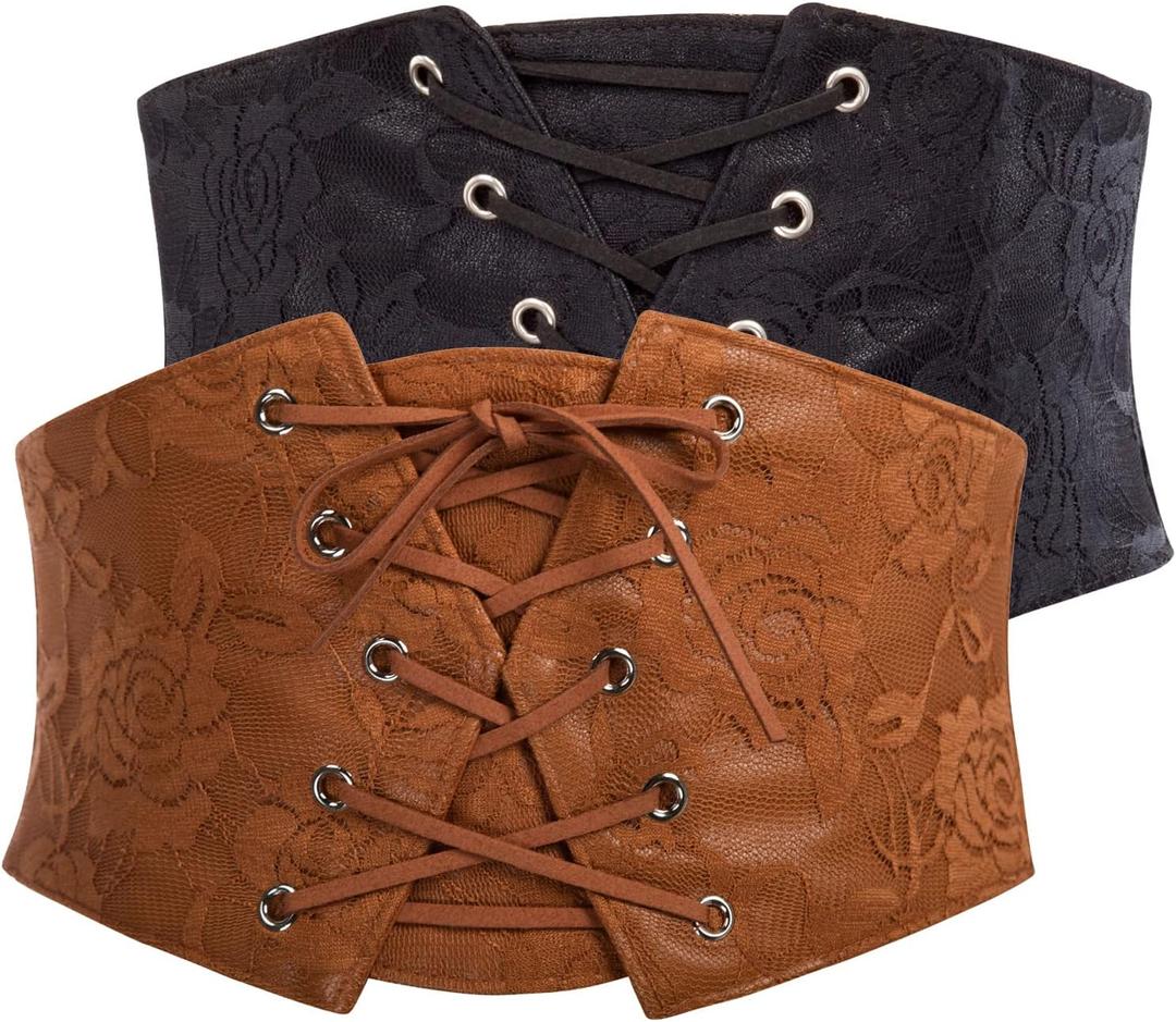 GRACE KARIN Women's Elastic Wide Waist Belt Renaissance Pirate Corset Cinch Belt Cosplay Costume with Press Button Black and Coffee M