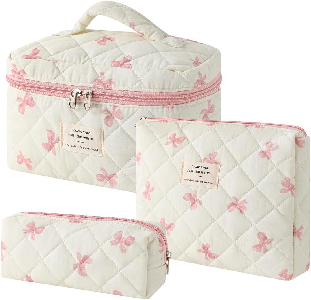 Uekeboag 3Pcs Quilted Cotton Makeup Bag,Coquette Quilted Toiletry Bag for Women and Girls,Floral Coquette Pouch,Cute Kawaii Travel Cosmetic Bags(3Pcs Little Pink Bow)