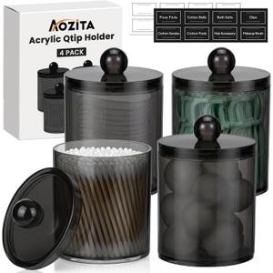 4 Pack Acrylic Qtip Holder Dispenser for Cotton Swabs, Balls, Pads, Floss Picks- Clear Acrylic Canister Apothecary Jar Set, Bathroom Essentials Accessories Decor Vanity Makeup Storage Organizer -Black