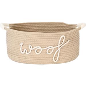 Sea Team Dog Toy Storage Basket with Handles, 16.5 x 11 x 7 Inches, 4.4 Gallons Large Cotton Rope Storage Bin, Shelf Basket, Organizer for Pet Chew Toys, Foods, Beige Woof