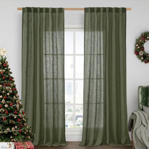 LAMIT 95 Inches Long Olive Green Linen Curtains for Living Room, Back Tab and Rod Pocket Linen Textured Curtains Light Filtering Christmas Drapes for Bedroom/Dining Room, Set of 2, 52 x 95 Inch