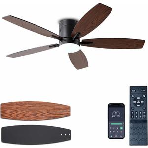 Ceiling Fans with Lights, 52" Low Profile Indoor Ceiling Fan with Light and Remote Control, Dimmable, Noiseless, Reversible, Brown Ceiling Fan for Bedroom, Indoor/Outdoor Use