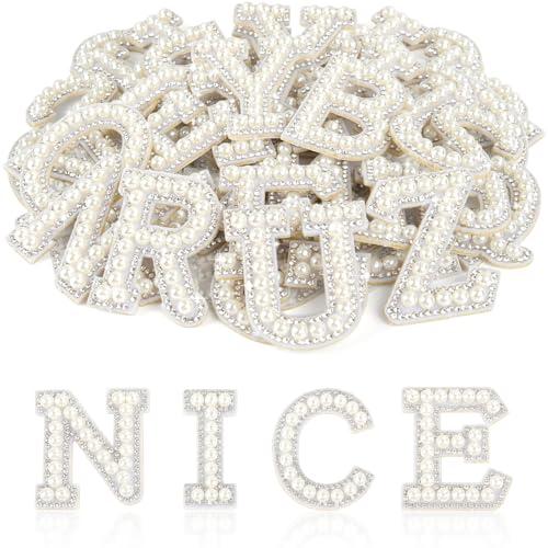 ASTARON 58 Pcs Self Adhesive Letter Patches Pearl Rhinestone Letter Stickers, Glitter Rhinestone Letters Embroidered Applique Patches Alphabet Cloth Patch for Clothes, Bags, Hat, Phone Case, DIY, White
