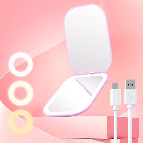 Gospire Ultra-Slim Lighted Travel Makeup Mirror with Lights and Magnification, Rechargeable 3X Magnifying Mirror with 3 Light Colors & Adjustable Brightness, LED Compact Mirror for Purses - Purple