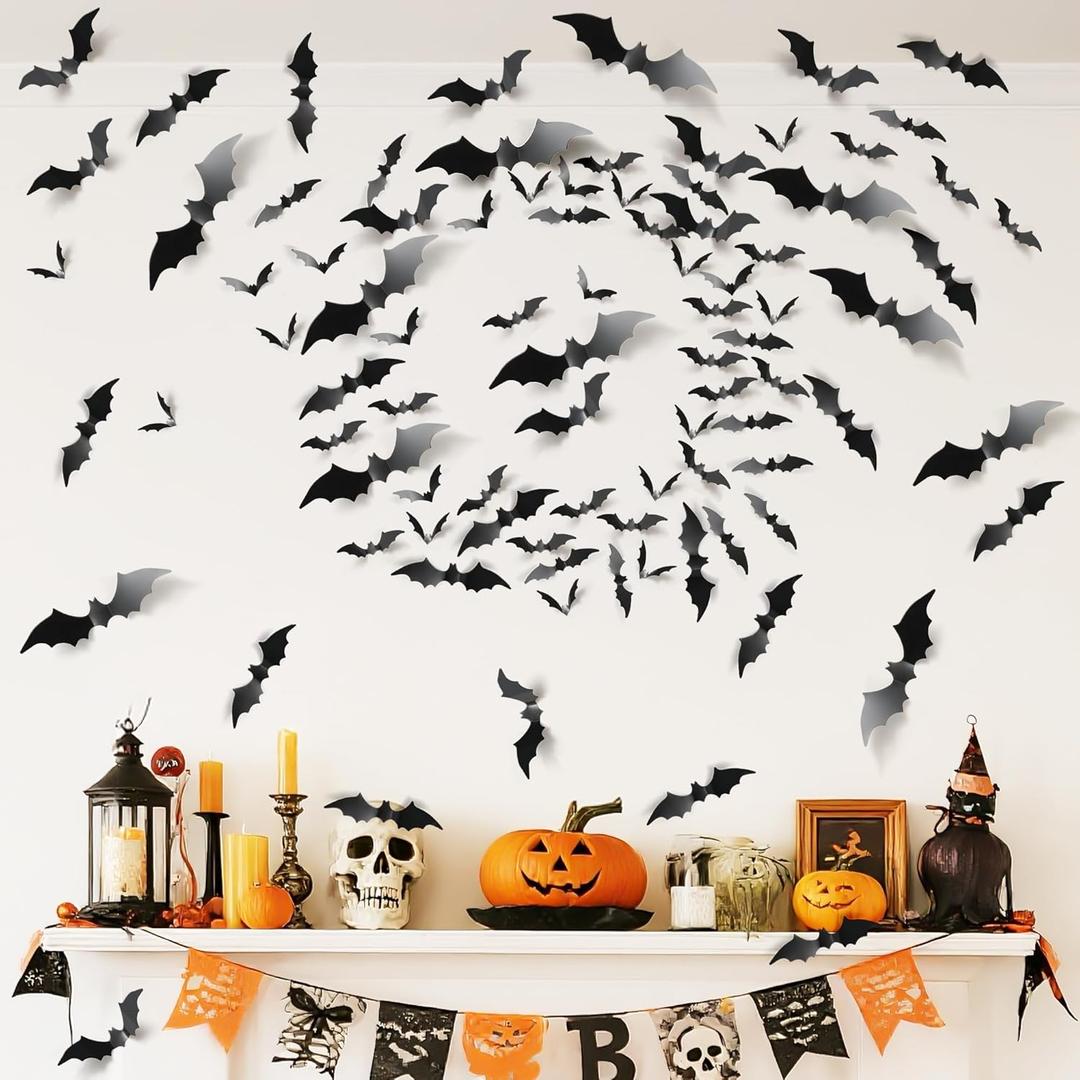 Tgosomt Bats Wall Decor,120 Pcs 3D Bat Halloween Decoration Stickers, Waterproof Black 4 Size Bats for Hoom and Room Dcor