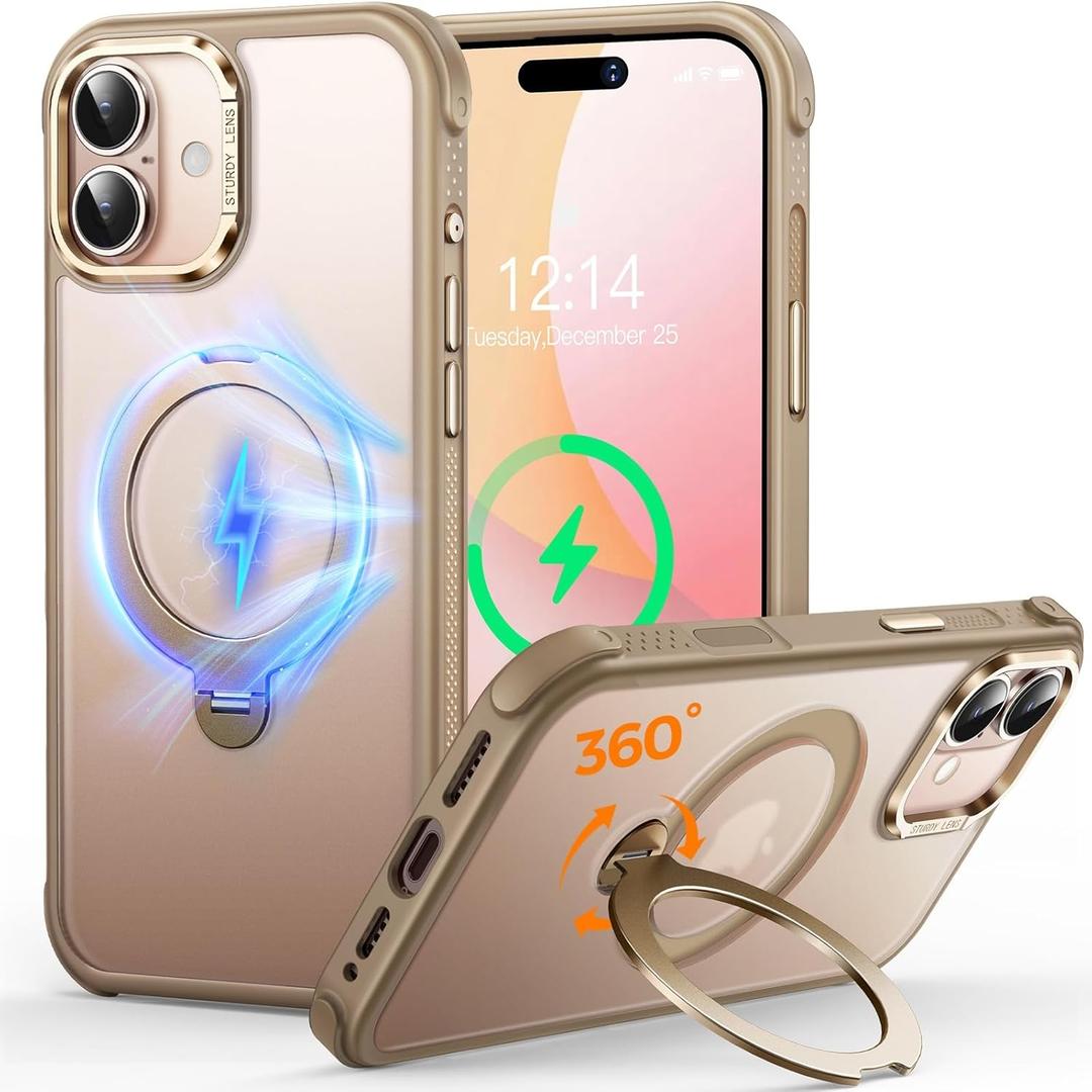 O3 Mag-Stand Designed for iPhone 17 Case with 360 Spin Stand, [Compatible with MagSafe][Super Skin Feeling] Translucent Matte Magnetic Slim Phone Case 6.3 inch, Desert Gold