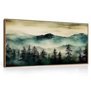 HOURIA Large Boho Mountain Forest Framed Canvas Wall Art Set, Nature Foggy Woodland Wall Decor, Modern Pine Tree Artwork, Watercolor Botanical Art Print for Living Room, Bedroom, Farmhouse- 20"×40"×1