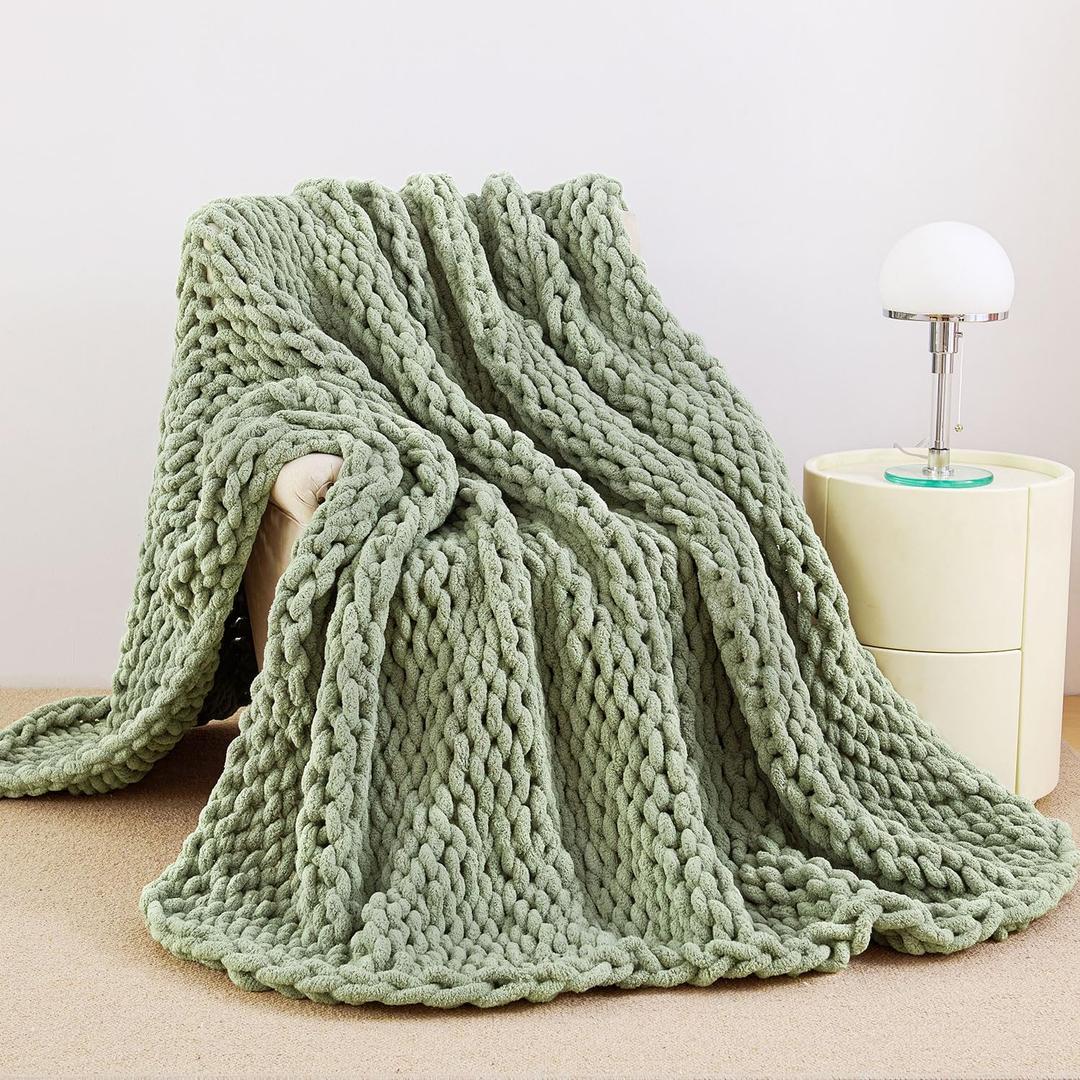 Admitrack Chunky Knit Blanket Throw, 100% Hand Knit Chenille Throw Blanket for Sofa & Home Decor, Soft and Cozy Knitted Throw Blankets (Sage Green, 60"x80")