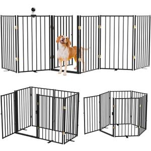 Metal Freestanding Dog Gate Outdoor-6 Panels with Door, Extra Wide Foldable Pet Fence with Pet Monitor Adapter, 32'' Height Tall Dog Gate for Doorways, Stairs, Hallways, Yard, Indoor