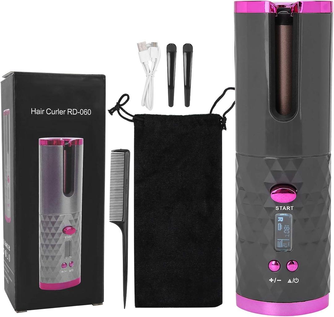 ZJchao Automatic Curling Iron, Cordless Hair Curler Iron with LCD Temperature Display Timer, 3 Adjustable Temperature Portable USB Fast Heating Auto Curler for Hair Styling(#1)