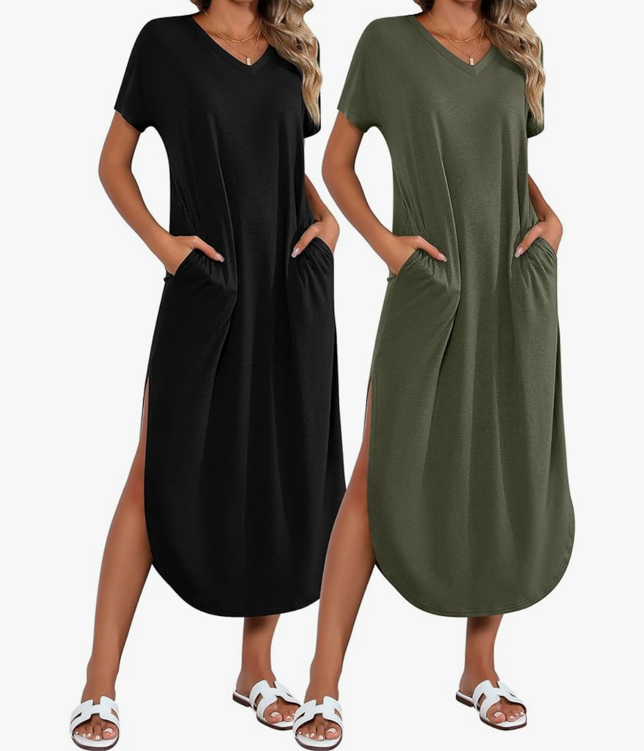 Riyiper 2 Piece Women's Short Sleeve Maxi Dress with Pockets V Neck Split Casual Loose Long Summer Beach Shirt Dress, Size XXL