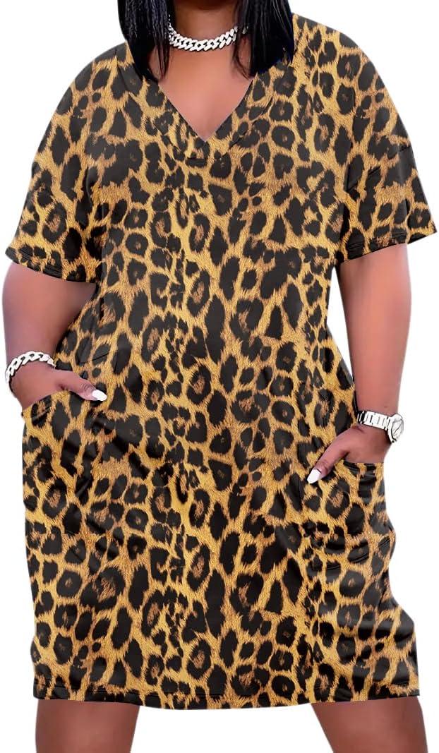 YeGine Women's Plus Size Casual Midi Dresses Short Sleeve T Shirt Dress with Pockets 1XL 