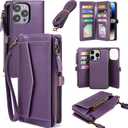 for iPhone 15 Pro Max Wallet Case for Women, Support Wireless Charging with RFID Blocking Card Holder, PU Leather Zipper Wallet Detachable Magnetic Phone Case with Crossbody Strap, Purple